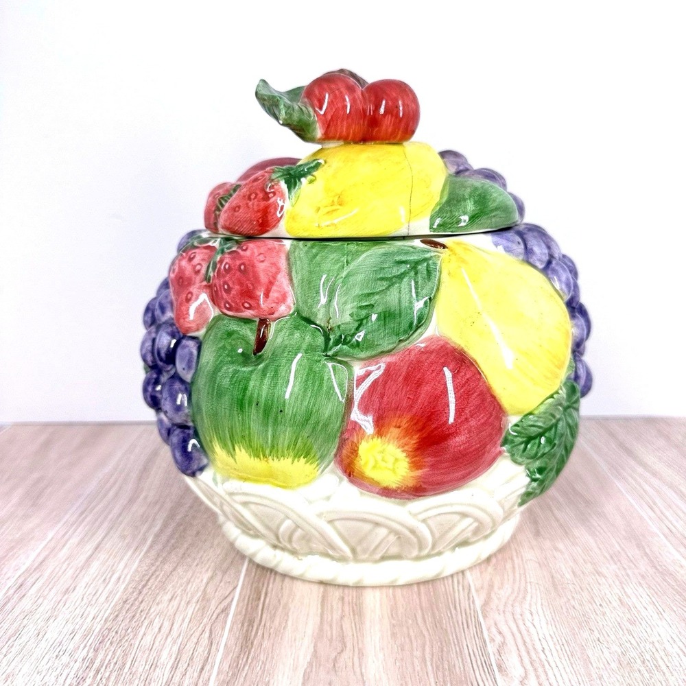 Vintage Otagiri Japan Fruit Basket Cookie Jar Ceramic Apples Grapes 3D
